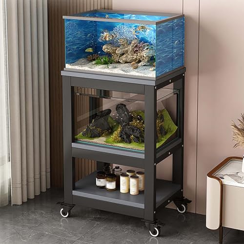 Movable Aquarium Stand with Rolling Wheels, Storage Shelves for Living Room, Bedroom, Office - Durable Fish Tank Rack, Perfect for Aquatic Enthusiasts and Home Decor,Black,81x40x103cm