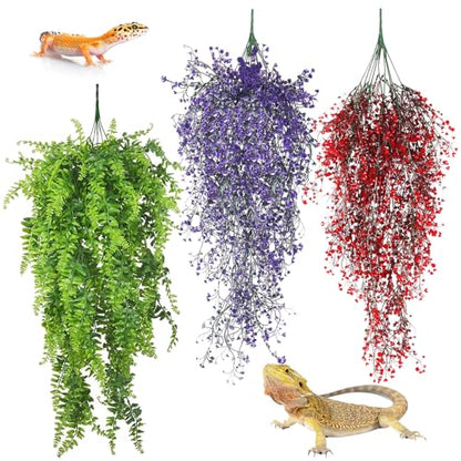 PINVNBY 3 Pack Reptile Plants Terrarium Hanging Fake Vines with Suction Cup Artificial Leaves for Bearded Dragons Lizards Geckos Snake Hermit Crab (Green, Purple and Red) - color: 3 Pcs ( Green, Purple and Red )