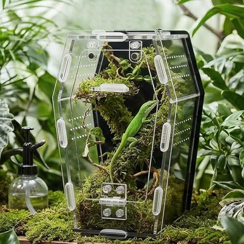 Clear Acrylic Reptile Enclosure with Magnetic Front Opening, Ventilated Small Pet Habitat and Breeding Box for Lizards, Geckos, Spiders, Insects and Amphibians, 7.09 x 3.94 x 2.68 Inches