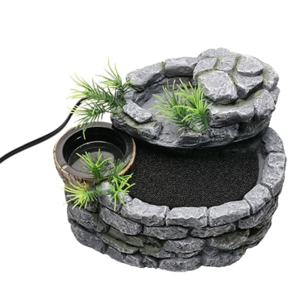Reptile Water Fountain with Food Dish, 500ML Terrarium Waterfall Drinking Fountain Reptile Water Dispenser, Natural Resin,for Bearded Dragon Gecko Chameleon Lizard Tree Frog Turtle
