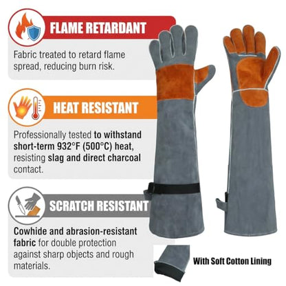 Long Leather Welding Gloves Animal Handling Scratch Bite Proof | 24 Inch Full arm coverage.Flame-retardant split leather shields against intense welding heat and animal bites. - color: Grey