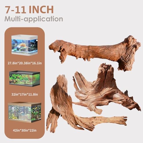 Jorewood Natural Aquarium Driftwood for Fish Tanks & Reptile Terrariums – Safe Fish Tank Decorations, Unique Twisted Branches 3-Piece 7-11 Inch Low Tannin, Easy to Sink - size: Mopani Driftwood 7 to 11 Inch (Pack of 3)