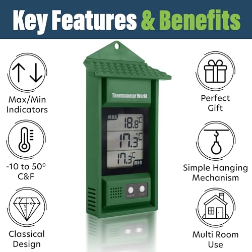 Digital Max Min Thermometer - Monitor Max and Min Temperatures | Handy Greenhouse Thermometer Garden Accessories Easily Wall Mounted Maximum Minimum