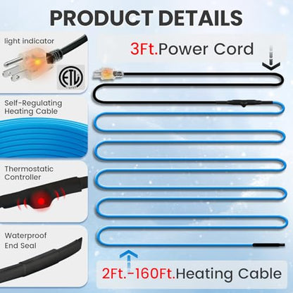 MAXKOSKO 24ft Self Regulating Heat Tape for Water Pipes Heating Cable | Heat Trace Cable with Thermostat Keeps Water Flowing at -40°F, Freeze Protection for Metal & Plastic Pipes,120V 5W/ft - color: 24-feet