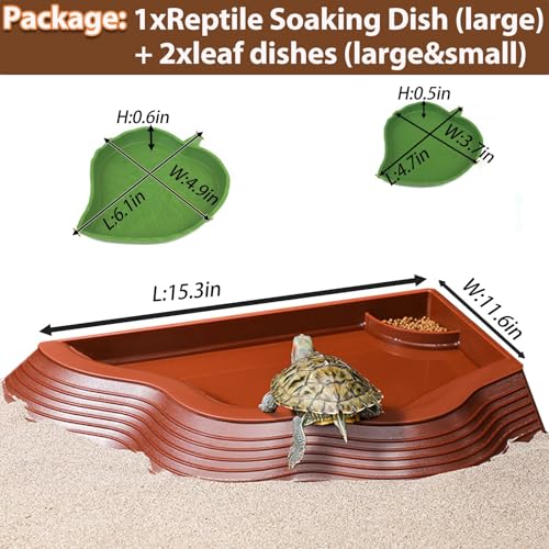 Tortoise Water Bowl with Ramp, 3PCS Leaf Reptile Food Water Bowl Turtle Pool Reptile Water Dish Tortoise Bathing Pool Turtle Soaking Dish Aquarium Habitat Accessories Large - size: Large