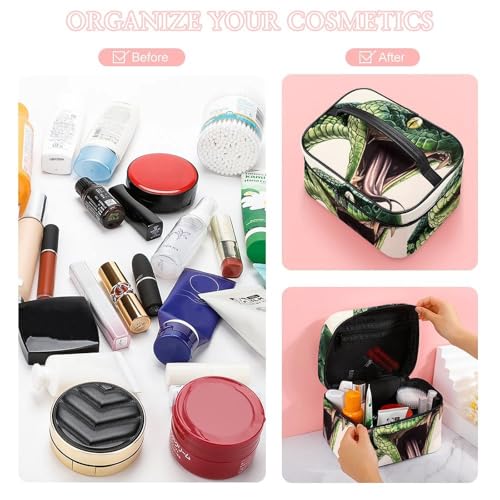 Green Snake Makeup Bag Cosmetic Case Organizer Box | portable handle,divider for skincare and brushes,large capacity,PU leather