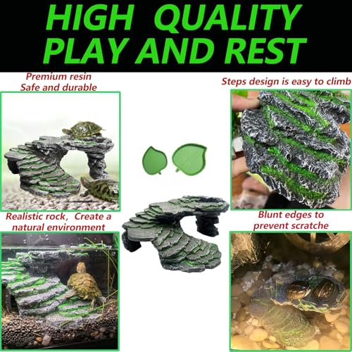 3PCS Turtle Basking Platform Tortoise Resin Dock Tortoise Climbing Ramp Shale with Leaf Tortoise Food Dish Reptile Food Water Bowls Great for Reptiles,Amphibians and Fish