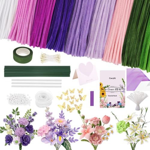 Cwczhi 600 PCS Pipe Cleaners Craft,9 Colors Purple Pipe Cleaner Flower Kit | with Instructions,Floral Wires,Stamen,Wrapping Paper& Ribbon,Art and Craft Supplies - color: purple