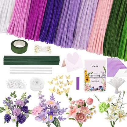 Cwczhi 600 PCS Pipe Cleaners Craft,9 Colors Purple Pipe Cleaner Flower Kit | with Instructions,Floral Wires,Stamen,Wrapping Paper& Ribbon,Art and Craft Supplies - color: purple