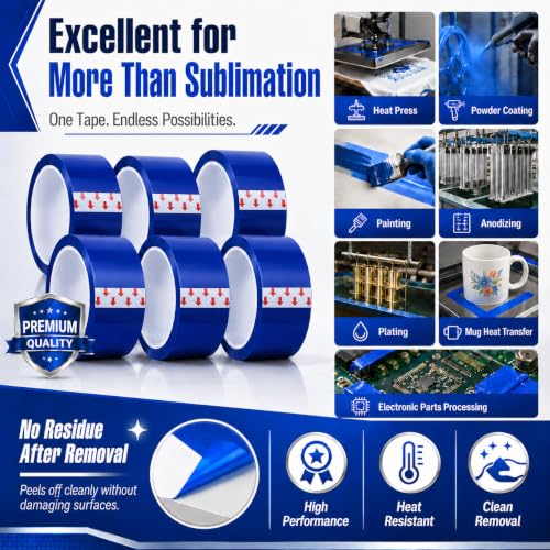 UTNVBTR 6 Rolls 20mm x33m(108ft) Blue Heat Resistant Tape，Heat Transfer Tape for Heat Sublimation Press Vinyl，and Fixing of Electronic Parts During Processing，No Residue