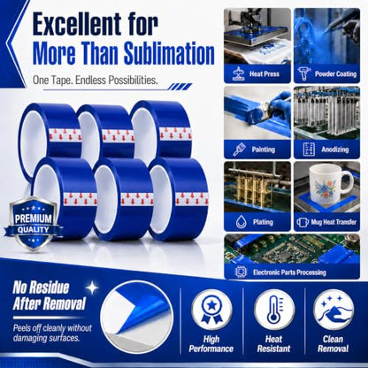 UTNVBTR 6 Rolls 20mm x33m(108ft) Blue Heat Resistant Tape，Heat Transfer Tape for Heat Sublimation Press Vinyl，and Fixing of Electronic Parts During Processing，No Residue