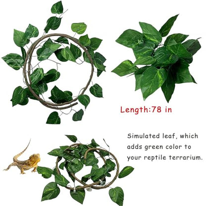kathson Lizard Coco Den with Ladder, Reptile Hideouts Gecko Coconut Husk Hut with Artificial Bendable Jungle Climbing Vines for Chameleon, Lizards, Gecko, Snakes