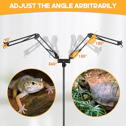 Reptile Heat Lamp Stand, Dual Reptile Light Stand with Two Flexible Bracket | Adjustable Heat Lamp Stand (15.7-74.3inch） with 360° Swing Arm and Anti tip Clip for Bearded Dragon Turtles Snake