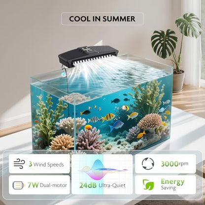 PAIZOO Aquarium Chiller Fan with Temp Probe & LCD Display, Cooling 3-7℉, 7W | Auto Temperature Control, Set Range 50-99℉, Real-time Temperature Display Aquarium Fan for Axolotl Freshwater Saltwater Tanks - size: PZBC-2