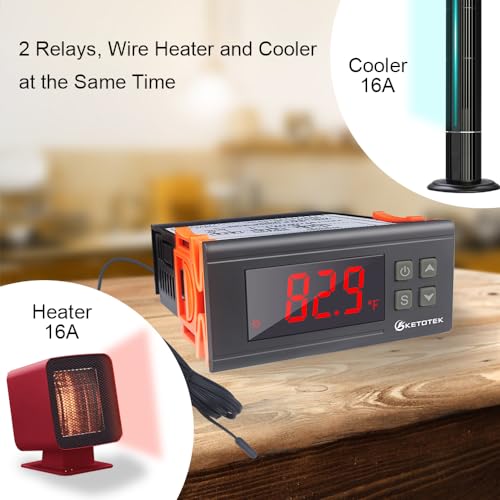KETOTEK Digital Temperature Controller Fahrenheit &Centigrade Thermostat 120V 16A Relay with Sensor, Heating and Cooling for Homebrew Incubator Greenhouse - style: Output: 16A