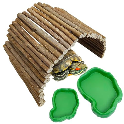 Hamiledyi 19.7" L x 5.9" W Wooden Reptile Bridge Ladder Bearded Dragon Bendy Bridge Climbing Ladder with Reptile Food Water Bowl for Lizards Gecko Spiders Snakes Tortoise - size: 19.7 x 5.9 inches