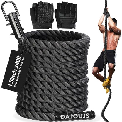 Climbing Rope Gym Workout - 1.5 Inch Dia 10FT 15FT 20FT 25FT 30FT 35FT 40FT 50FT Heavy Duty Work Out Rope Exercise Climbing Ropes for Adults Kids Fitness & Strength Training Outdoor & Indoor - Black - style: 1.5 Inch-40ft