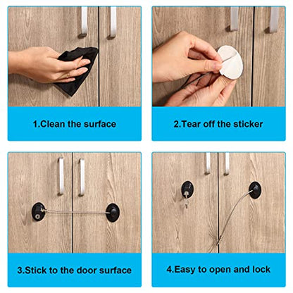 Hotop 4 Pack Cabinet Locks with Keys Refrigerator Fridge Locks Replacement with Steel Wire Self Adhesive Child and Baby Proofing Safety for File Drawers Deep Freezer Doors Latch(Black) - color: Black