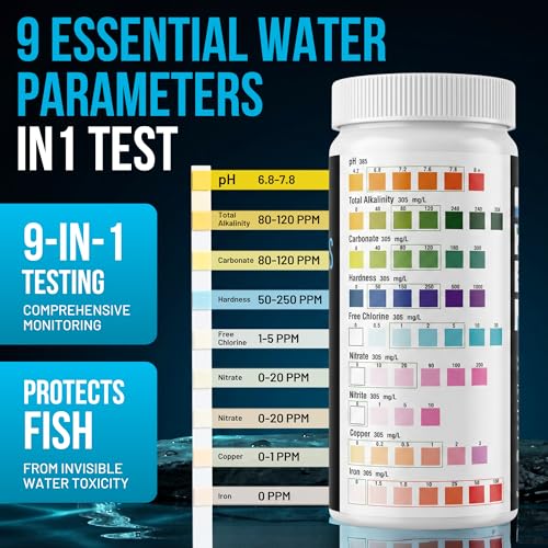 9-In-1 Aquarium Test Strips – 100 Strips for Freshwater & Saltwater | Tests pH, Nitrate, Nitrite, Hardness, Chlorine, Copper, Iron, Carbonate & Alkalinity | Fast Results for Fish Tank & Reef Aquariums - style: 9-In-1 Test Kit