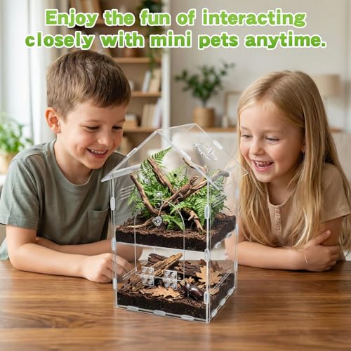 Acrylic Jumping Spider Enclosure,7.9"×7.5"×13.8", 2-Layer Arboreal Tarantula Enclosure with Partition & Feeding Hole, for Gecko Amphibians Chameleon & Small Reptiles