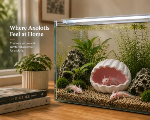 Ceramic Axolotl Hide Cave Hideout Tank Accessories Aquarium Decor for Pets | Hollow shaded resting spot、Weighted base, stays put、Fade-resistant glaze finish - size: Middle