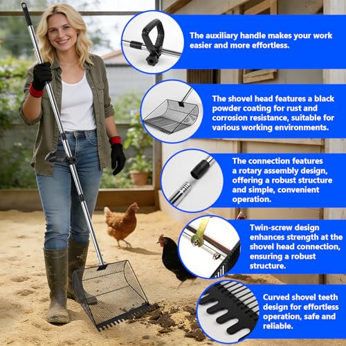13-inch Sand-Grade Chicken Poop Scooper, Large Adjustable Metal Poultry House Manure Scoop, Chicken Poop Scooper Suitable for Cleaning Chicken Coops, Stables, Gardens, and Small Farms