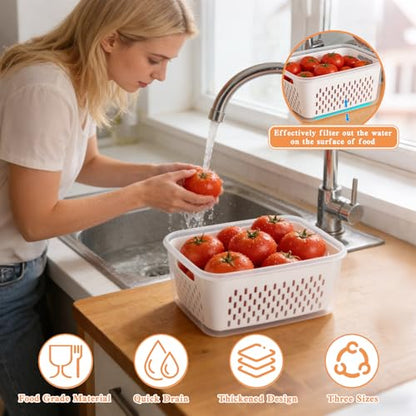 Fruit Storage Containers for Fridge, 4 in 1 Food Storage Container, Produce Storage Containers with Lid and Strainer, Including Drain Basket, Multipurpose Large Fruit Containers for Fridge-3PCS White