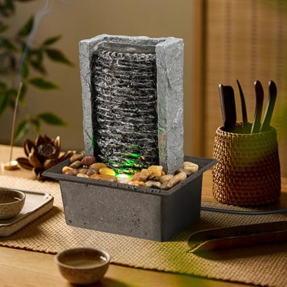 Tabletop Fountain Indoor Waterfall Rock Fountain LED-Lights Water Feature Waterfall for Modern Home and Office Indoor Decoration
