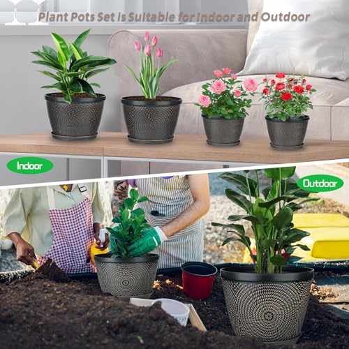 Quarut 4 Pack 6 Inch Flower Pots Planters for Outdoor Indoor | Plastic Plant Pots with Drainage Hole & Tray, Modern Decorative Garden Pot with Saucer, planters for House (Drak Bown) - color: Drak Bown, size: 6 Inch