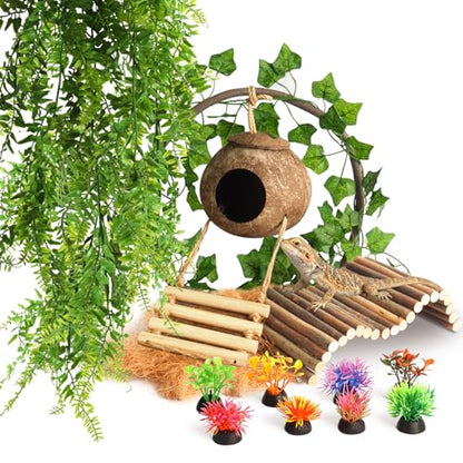 14Pcs Reptile Plants Bridge Vines Leopard Gecko Coconut Hut Crested Gecko Tank Accessories Lizard Coco Den with Ladder for Lizard, Chameleon Cage, Snakes, Hermit Crab