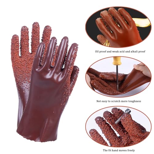 3 Pairs Sewer Gloves PVC Coated Non-Slip Oil & Chemical Resistant | 3 PAIRS INCLUDED: PVC coated sewer gloves for drain cleaning, plumbing maintenance, and everyday heavy-duty work - color: 3 Pairs Brown