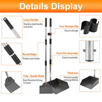 Dog Pooper Scooper, Metal Tray & Spade with 38.2" Long Handle | Medium Dog Poop Scooper: 6.5x6.7x2.5in Tray, 5.1x3.3in Spade, No-bend Pickup, Easy Rinse, Tool-free Setup - size: Medium
