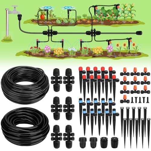 Drip Irrigation System, 40FT 1/2" Mainline & 100FT 1/4" Tubing, with Adjustable Drip Emitters Misting Sprinkler, Efficient Sprinkler System Kit for Flower Bed, Raised Bed, Greenhouse, Lawn - size: 140 FT