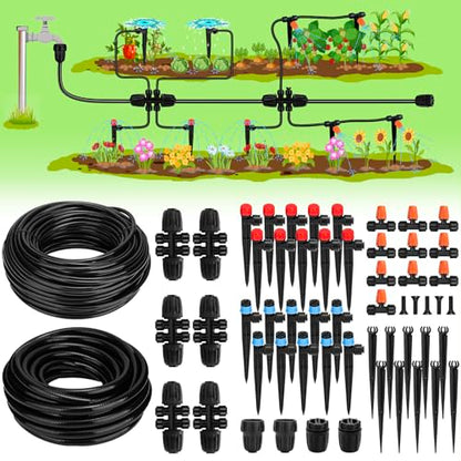 Drip Irrigation System, 40FT 1/2" Mainline & 100FT 1/4" Tubing, with Adjustable Drip Emitters Misting Sprinkler, Efficient Sprinkler System Kit for Flower Bed, Raised Bed, Greenhouse, Lawn - size: 140 FT