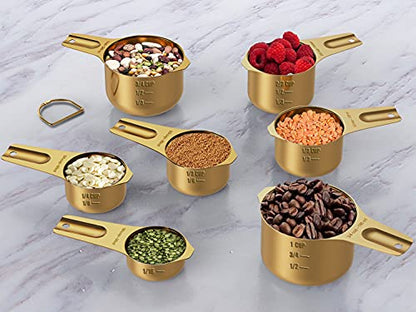 Wildone Copper Plated Measuring Cups & Spoons Set of 21 - Includes 7 Stainless Steel Nesting Measuring Cups, 8 Measuring Spoons, 1 Leveler & 5 Mini Measuring Spoons, Ideal for Dry & Liquid Ingredients - color: Copper