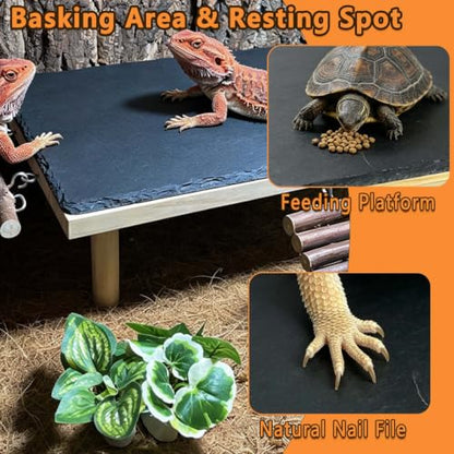 Bearded Dragon Basking Platform with Climbing Ramp,Reptile Basking Rock,XXL | Wooden Lizard Resting Platform Basking Rock Slate,Leopard Gecko Hide Cave Tank Accessories for Tortoise Snake - size: XXL: 15.75" x 7.87"x 4.56"