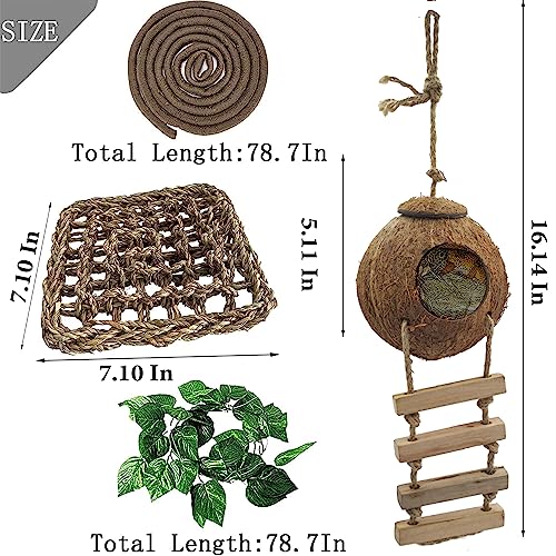 5PCS Coconut Hut for Gecko, Lizard Coco Den with Ladder and Reptile Hammock Bearded Dragon Tank Accessories Climbing Hanging Plants Jungle Vine Flexible Reptile Leaves Decor - style: 【Style A】
