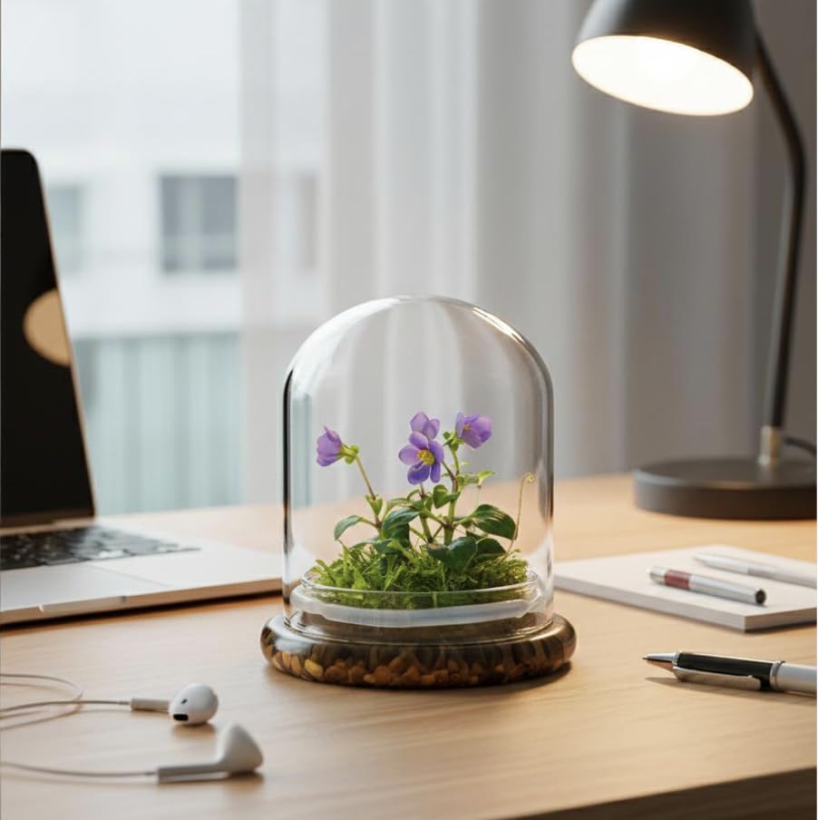 Award Winning: Persian Violet with Sundew Moss - Live Flower Terrarium in Self Sustaining Glass Jar, Maintenance Free and Blooms All-Season, Great Unique Gift and Home Decor, 100% Growth Guarantee
