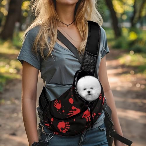 COEQINE Halloween Costume for Small Dog Carrier Sling Bag with Adjustable Straps Locking Safety Zipper Hands Free Dog and Cat for Travel Walking - color: Black Hallo ween Red Hand