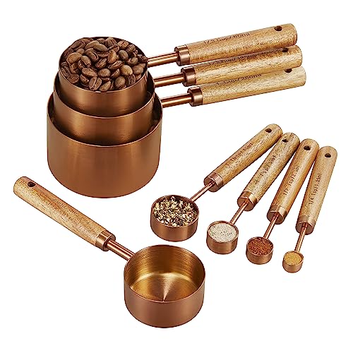 Copper Stainless Steel Measuring Cups and Spoons Set of 8, Wooden Handle with US and Metric Measurements