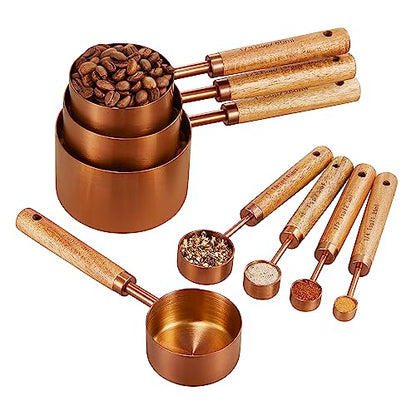 Copper Stainless Steel Measuring Cups and Spoons Set of 8, Wooden Handle with US and Metric Measurements