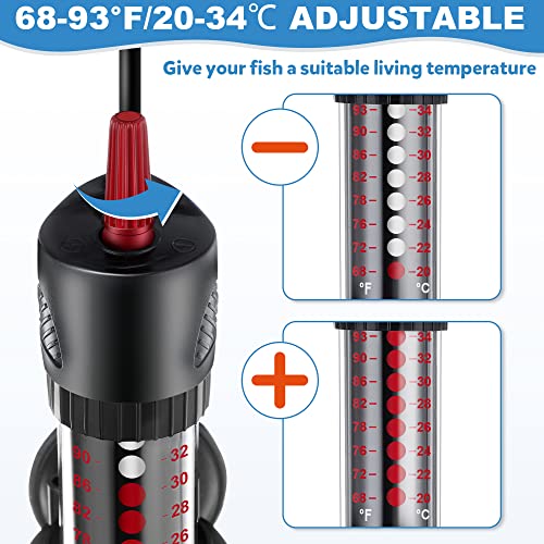Dreyoo 2 Set 300W Submersible Aquarium Heater with 4 Thermometer Stickers | Adjustable Aquarium Fish Tank Heater with Suckers, Adjustable Knob Thermostat for Marine Saltwater and Freshwater