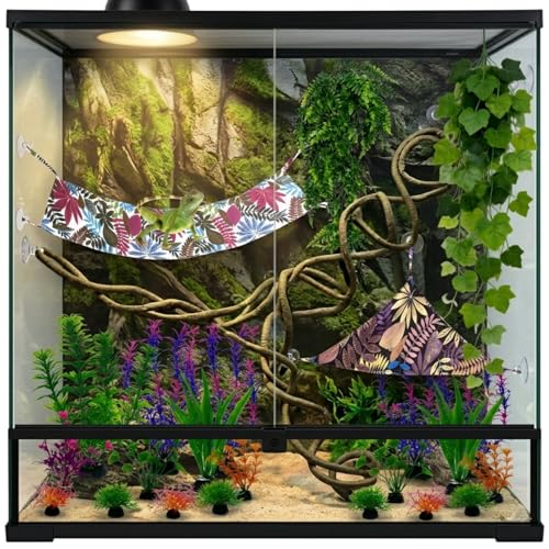 22PCS Bearded Dragon Tank Accessories Crawler Plant Climbing Kit with 2 Hammocks, 2 Flexible Vines, 20 Grape Leaves, Suction Cups & Artificial Plants – Lifelike Terrarium Decor for Gecko, Chameleon