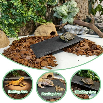 Bearded Dragon Basking Rock Platform,Reptile Basking Rock Slate with Bark Substrate Bedding,Tortoise Resting Climbing Feeding Bathing Platform Tank Accessories for Lizard Gecko Snake Frog (L) - size: L | 9.8" x 6"Slate Rock with Bark Substrate