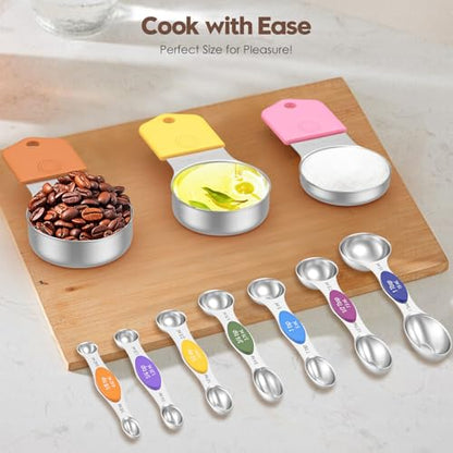 Magnetic Measuring Cups and Spoons Set – 304 Stainless Steel | Dual-Sided Markings | Space-Saving Kitchen Organizer | N52 Magnetic Nesting | 15-Piece with Leveler | Baking & Gift(Colorful) - color: Magnetic Measuring Cups and Spoons Set - Colorful