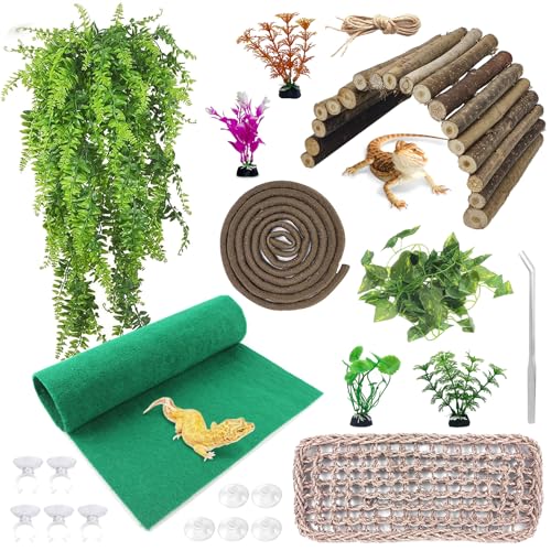 kathson Bearded Dragon Tank Accessories Kit, Reptile Hide Wooden Bridge Terrarium Liner Hammock Jungle Climber Vines Leaves Tweezer and Plant Reptile Habitat Decor for Chameleon Lizards Gecko Snakes