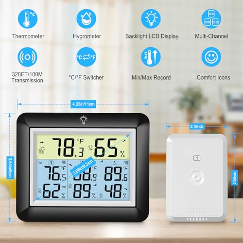 Urageuxy Wireless Indoor Outdoor Thermometer with 3 Sensors | 4-Area Temperagure/Humidity Monitor for home, Multi-Room Weather Station with 328ft Range for Nursery, Greenhouse, Patio - color: Black