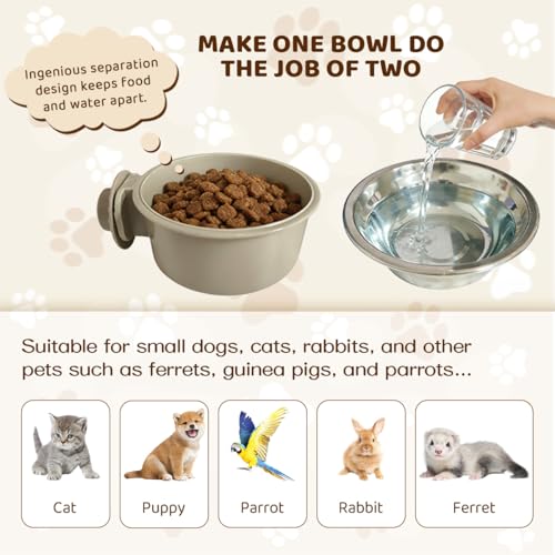 2Pcs Pets Lightweight Stainless Steel Bowl,Removable Stainless Steel Pet Hanging Food Water Feeder Bowl for Puppy Dog Cat Rabbit Ferret Bird Gunea Pigs (Gray-Small) - size: Gray-Small