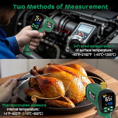 Infrared Thermometer Gun,SQECH Laser Thermometer Gun -40℉～2192℉(-40℃～1200℃),50:1 Non-Contact High Temp Thermometer with Thermocouple Probe,Color Backlight,Adjustable Emissivity,for Industry&Home - color: Green(-40℉～2192℉)