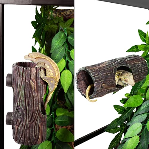 REPTIZOO Magnetic Reptile Hide Cave Resin Hollow Tree Trunk Hideout, Gecko Hide with Strong Magnetic Climbing Toy Reptile Tank Accessories for Crested Gecko,Lizard, Terrarium Decor